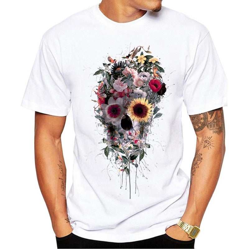Men's Print Skull T-shirt Men Short Sleeve O-Neck White Tshirt Tops TeeT Shirt